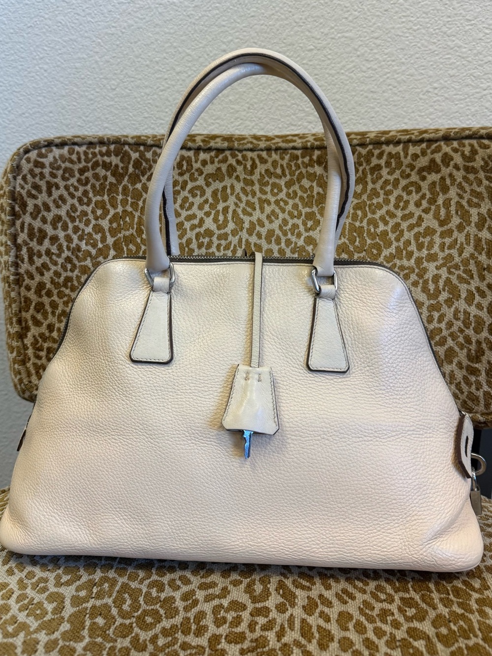 💯Authentic PRADA PROMENADE Cream Daino Vitello Leather Shoulder Satchel Handbag